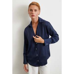 Chemise à motif diagonal pour femme, bleu marine, satin, boutonnée, classique, pour tous les jours - Product Image 3