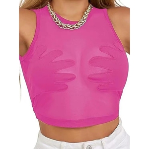 Novedad de Verano: Top de Malla Transparente sin Mangas con Cuello Redondo y Bordado de Palmeras para Mujer - Moda - Product Image 4