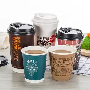 LOKYO थोक पर्यावरण अनुकूल गर्म पेय कप कस्टम मुद्रित लोगो टेकआउट ढक्कन के साथ डबल वॉल पेपर कॉफी कप