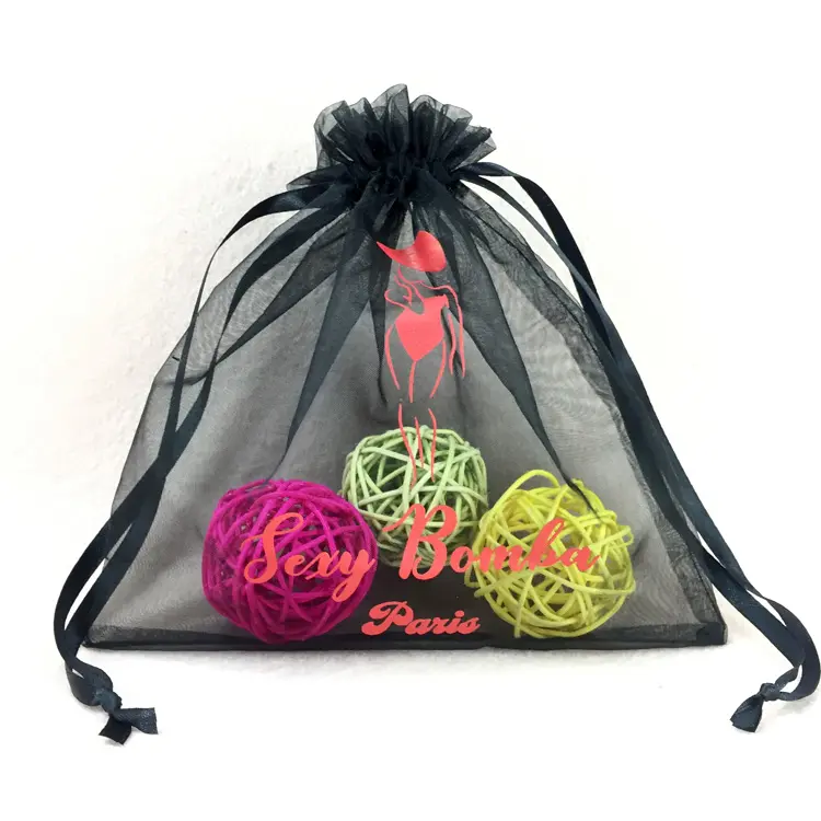Bolsa de embalaje de regalo de joyería impresa personalizada, bolsas de organza con cordón negro/blanco
