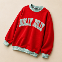 Sweat-shirt de Noël personnalisé pour enfants avec logo, pull à col rond pour filles, manches longues, bordure à carreaux, haut festif HOLLY JOLLY