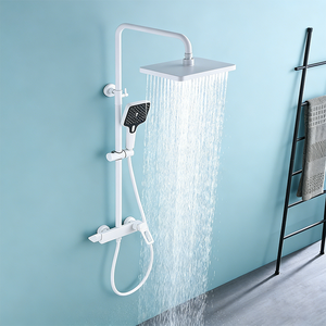 <span class=keywords><strong>Ensemble</strong></span> de douche carré moderne blanc 22X07 <span class=keywords><strong>avec</strong></span> pommeau de pluie, 3 sorties, système mural apparent pour salle de bain, barre coulissante en laiton brossé - Product Image 3