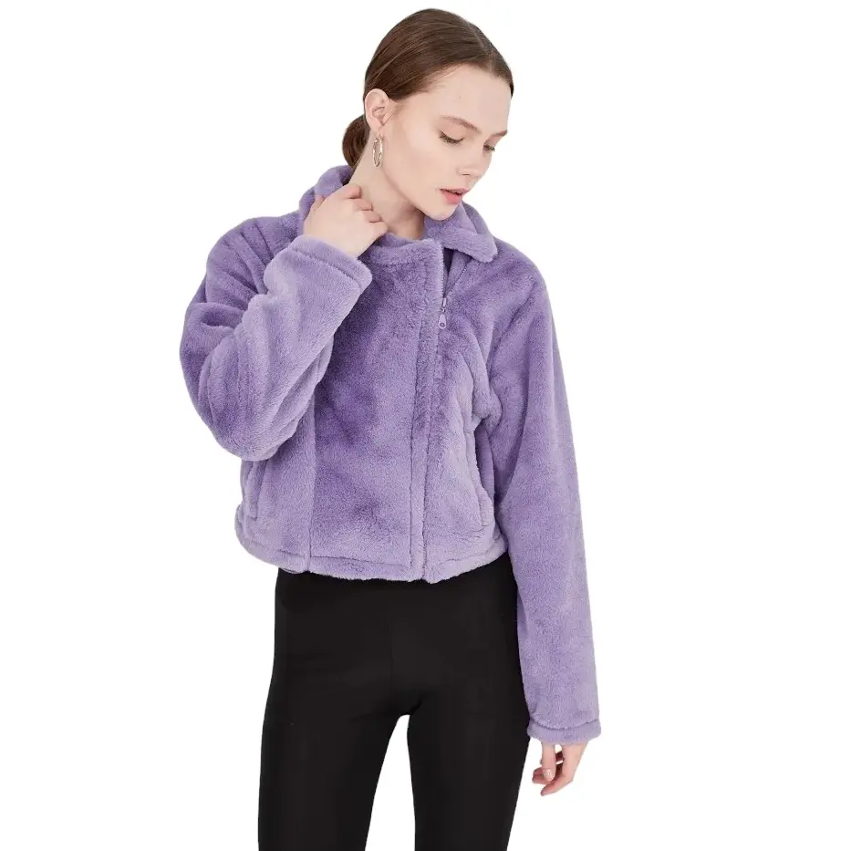 Mantel bulu ritsleting warna ungu mantel mewah warna ungu kain bulu Detail saku ritsleting mantel mewah pendek