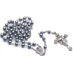 Prières catholiques 6mm perles de verre <span class=keywords><strong>avec</strong></span> vierge <span class=keywords><strong>marie</strong></span> jésus croix femmes religieuses collier chapelet bijoux - Product Image 2