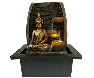 Polyresin Fontein Met Ganesha Gouden Boeddha Met Water Cups En Led Licht Indoor Water Fontein 21Cm X 18cm X 25Cm