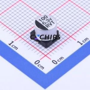 Condensateur électrolytique en aluminium SMD RVT0J101M0605 100UF 6.3V, D6.3xL5.4mm 20% 52mA-120Hz - Product Image 1
