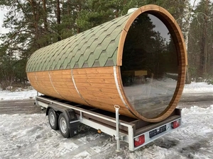 Sauna en bois monté sur remorque avec fenêtre panoramique, toit en tuiles vertes en bois naturel résistant aux intempéries pour le glamping - Product Image 2