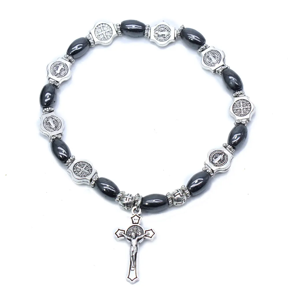 JC Crystal Wholesale Christian Icon Black Bead Cross Charm Bracelet Rosary Bracelet