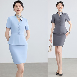 Women's Professional Summer Suit Skirt V-Neck Peplum Work Uniform For Office And Interview Natural Waistline Woven Fabric - Product Image 1