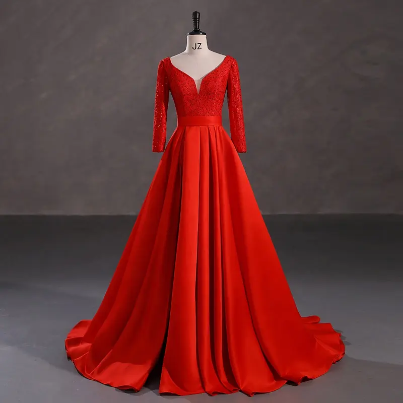 Factory Made Red Long Sleeve A Line Satin Evening Formal Dresses For Women Wear