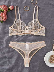 Conjunto de Lencería Femenina de Encaje Floral, Conjunto de 2 Piezas con Sujetador con Aros y Tanga de Malla Transparente, Elegante Conjunto de Ropa Interior Femenina - Product Image 3