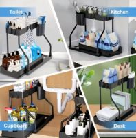 Rak Penyimpanan Dapur Multifungsi 2 Tingkat di Bawah Wastafel, Rak Meja, Wadah Penyimpanan, Gantungan Cangkir