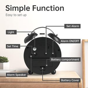 4 Inch Twin Bell Loud Alarm <b>Clock</b> Metal Frame 3D Dial with Backlight <b>Battery</b> Operated Desk Table Alarm <b>Clock</b> for Home and Office - Product Image 6