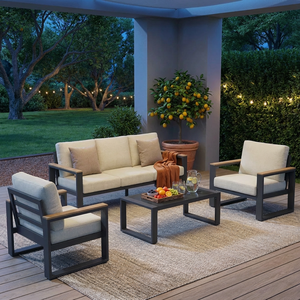 Conjunto de Muebles Minimalistas para Patio, Sofá de Metal para Exteriores con Decoración de Madera Sintética, Sofá Seccional de <span class=keywords><strong>Aluminio</strong></span> Gris de Lujo para Balcón - Product Image 5