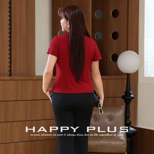 Happy Plus Plus Size Women's High Neck Short <b>Sleeve</b> <b>Top</b> Solid Color Layering T-Shirt Woven American Style Adult Female - Product Image 5
