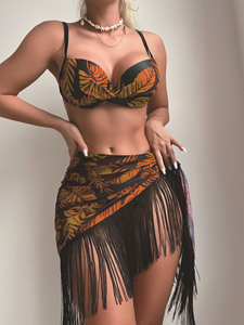 Set Bikini Push-Up a 3 Pezzi con Stampa Floreale Tropicale per Donna Costume da Bagno Personalizzato all'Ingrosso con Gonna da Spiaggia con Orlo a Frange per Carnevale - Product Image 5