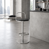 Tabouret de bar en acier argenté minimaliste de 65 cm à hauteur fixe avec siège rembourré noir pour café et restaurant