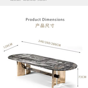 طاولة طعام فاخرة حديثة بيضاوية الشكل بقاعدة من الفولاذ المقاوم للصدأ بتشطيب ذهبي عاكس وسطح من الرخام الأسود تتسع لـ 6-8 أشخاص - Product Image 6