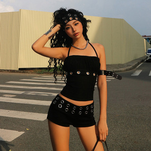 Top Corto Tubo con Ojales y Diseño Hueco Estilo Gótico Oscuro Punk para Mujer, y Shorts Casuales Sólidos por Encima <span class=keywords><strong>de</strong></span> la Rodilla con Vibe Atrevida para Verano - Product Image 1