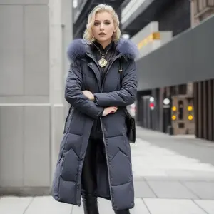 D&M 2023 Winter Fashion Slim Fit Over Knee Cotton Coat with Large Fur Collar Thickened Cotton Coat Wholesale clothes for women