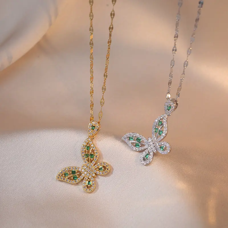 Prachtige Volledige Diamant Smaragd Zirkoon Vlinder Hanger Verguld Roestvrij Staal Ketting Accessoires Sieraden Voor Vrouwen