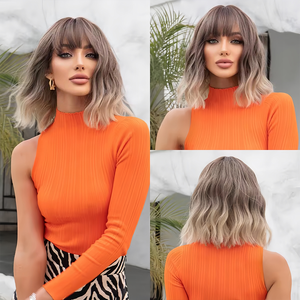 Perruque courte bob synthétique résistante à la chaleur, <span class=keywords><strong>dégradé</strong></span> brun à <span class=keywords><strong>blond</strong></span> 613, avec frange, dentelle transparente SM030 - Product Image 4