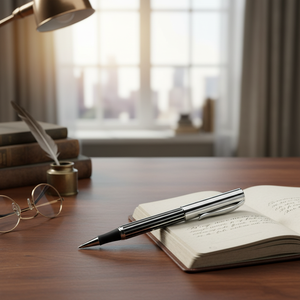 Penna Roller in Ottone Cromato con Design a Righe per Scrittura - Product Image 2