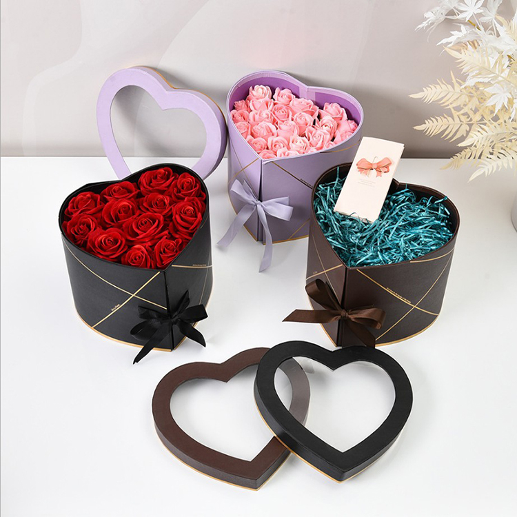 luxury empty two layer heart shaped paper packing decorating rose flower box for flowers