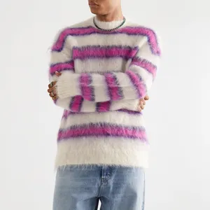  Logo personnalisé oem odm Hiver Chaud Hommes Designer De Luxe Pull Multicolore Rayé Mohair Fuzzy Jacquard Pull En Tricot