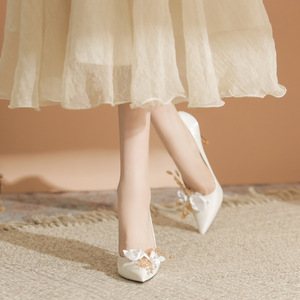 Satin Pointed Toe Stiletto <b>Heel</b> Wedding Shoes With Flower Decoration Bridal Pumps Super High 8cm Up <b>White</b> Female - Product Image 4