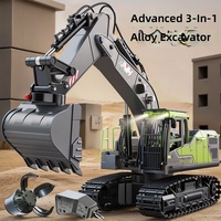 HY E 1:14 14CH Excavatrice RC en alliage avec pulvérisation d'eau, 3-en-1 : pelle, grappin et camion de construction télécommandé, véhicule d'ingénierie