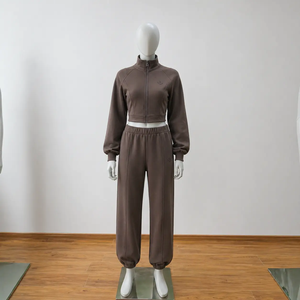 Vente directe en gros : Ensembles pour femmes, sweat-shirt à manches longues et <span class=keywords><strong>pantalon</strong></span> de jogging marron uni 300 GSM, <span class=keywords><strong>pantalon</strong></span> décontracté long pour femmes - Product Image 1