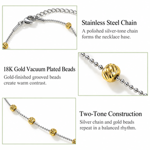 Two Tone Textured <b>Bead</b> Necklace Stainless Steel <b>Silver</b> Chain 18K Gold Vacuum Plated Grooved <b>Beads</b> - Product Image 2