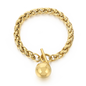 Trendy 18K <b>Gold</b> Plated Stainless Steel Chunky Twisted Rope Chain <b>Bracelet</b> Tarnish Resistant Toggle Clasp Round <b>Solid</b> Ball <b>Charm</b> - Product Image 1