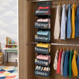 6-<b>Shelf</b> Hanging Closet Organizer for Kids Outfits Days of Week Labels & Clear Window Foldable Over Door Storage Organizer - Product Image 2
