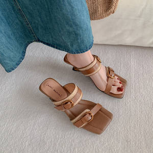 Summer Spring New Style Anti-Slippery Breathable <b>Open</b>-<b>Toe</b> <b>Platform</b> Square <b>Toe</b> Low <b>Heel</b> Genuine Leather Strap Flip-Flops for - Product Image 5
