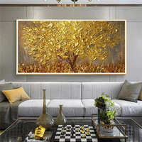 Peinture à l'huile abstraite 3D sur toile, 100% peinte à la main, grand format, avec palette et couteau, motif arbre doré, nature morte