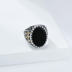 Retro Punk Black Gemstone <b>Titanium</b> Steel <b>Ring</b> For Men Two Tone Gold And Solid Gold Bezel Setting Index Finger Jewelry Gift - Product Image 4