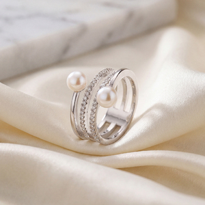 Anillo Ajustable de Cobre con Espiral Triple y Doble Perla de Agua Dulce, Banda de Circonitas, Joyería de Perlas para Mujer, Regalo de Boda - Product Image 2