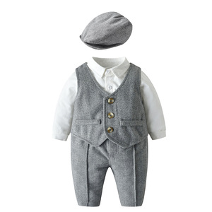 Bán Buôn Sơ Sinh Trẻ Sơ Sinh Cậu Bé Quý Ông Trang Phục Phù Hợp Với Dài Tay Áo Romper Áo Sơ Mi + Quần + Vest + Hat 4Pcs Quần Áo Thiết Lập - Product Image 1