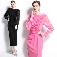 Robe fourreau élégante pour femme, mi-longue, col rond, manches longues, tissée unie, antistatique, infroissable, lavable, avec décoration florale et fente plissée