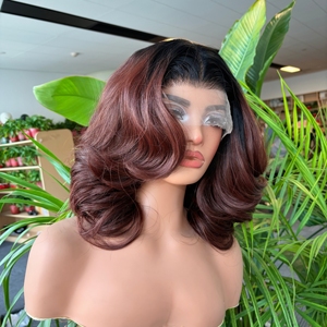 14 Inch Copper <strong>Brown</strong> Layered Bob <strong>Wig</strong> 13*6 Lace Frontal Bob Glueless <strong>Wig</strong> With Black Roots Synthetic Blend Hair <strong>Wig</strong> for Women - Product Image 1