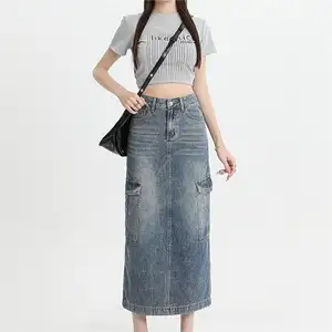 American retro trend slimming design multi-pocket denim long skirt