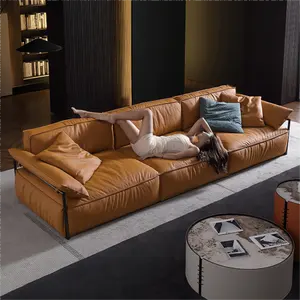 Italian Minimalist Modular Sofa European Design Genuine Leather and Soft Velvet Material for Villa or Apartment Living Room