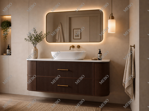 Ensemble de meuble-lavabo flottant <span class=keywords><strong>MEBO</strong></span> brun foncé cannelé et courbé avec lavabo vasque blanc, miroir LED rétroéclairé et armoire murale - Product Image 4