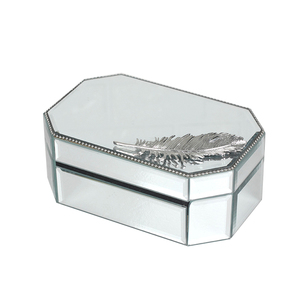Hexagon Shaped Mirror Glitter Glass Jewelry Box With Silver Metal Feather Decorative Necklace <strong>Ear</strong> <strong>Ring</strong> <strong>Storage</strong> Use - Product Image 1
