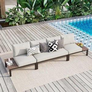 Modern Outdoor L-Shaped Garden <b>Sofa</b> Set With <b>Wooden</b> <b>Frame</b> And Dark Blue Cushions Waterproof Contemporary Design - Product Image 2