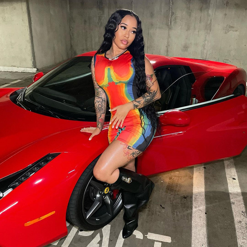 Мини-платье D44009 с принтом, соблазнительное Боди без рукавов