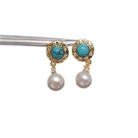 Nouvelles boucles d'oreilles pendantes en or plaqué or style palais chinois classique, turquoise, perles de culture d'eau douce blanches naturelles de 7-8 mm, mignonnes pour mariage