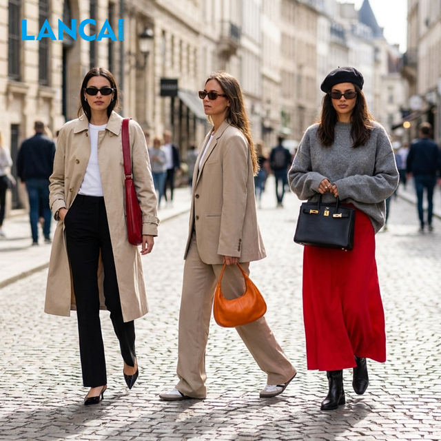 Elegant Paris Street Style Women Neutral Tone Outfit Long Trench Coat Suit Oversize Knit Top Red Long Skirt Designer Clothing
